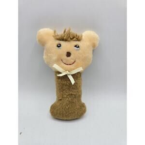 Stahlwood Brown Tan Teddy Bear Baby Rattle Yellow Satin Bow 7" VTG Plush Toy